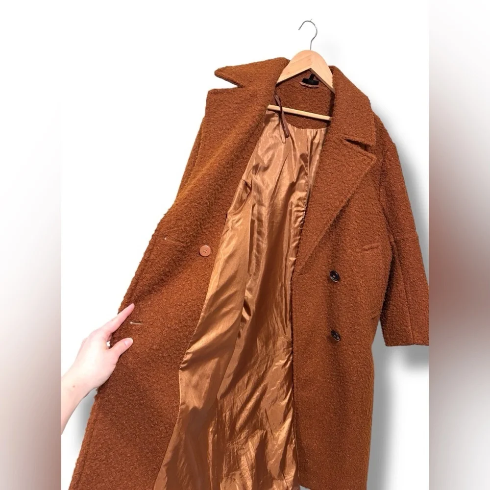 TOPSHOP Teddy Boucle Brown Double Breasted Collared Overcoat Size 8